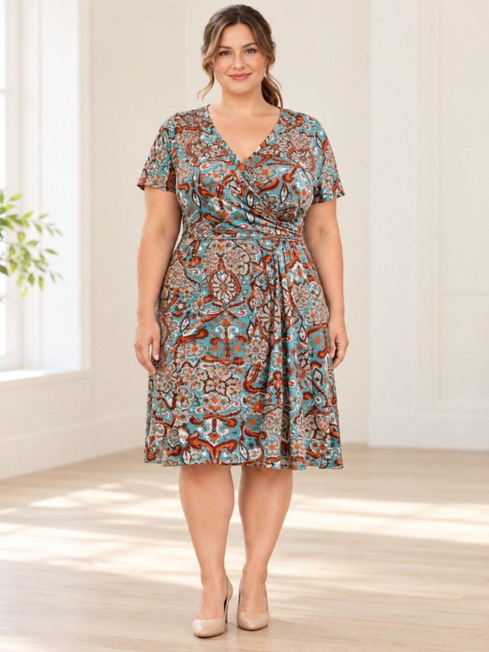 Jones New York Dress Womens 2X Teal Paisley Faux Wrap Stretch Jersey Career